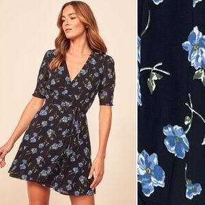 Reformation Lucky Mini Wrap Dress, Black/ Blue Floral print, size S